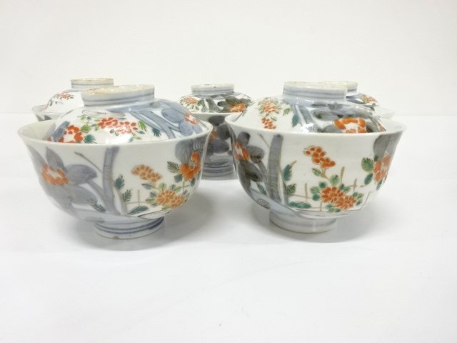古伊万里　染付　金彩色絵　蓋茶碗　5客